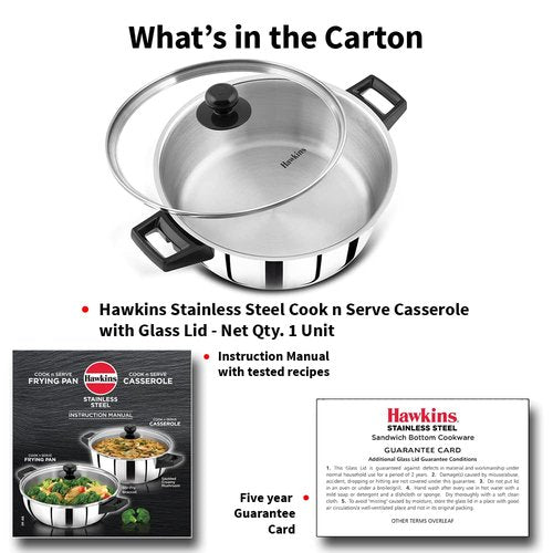 Hawkins 3 Litre Cook n Serve Casserole, Stainless Steel, SSCB30G