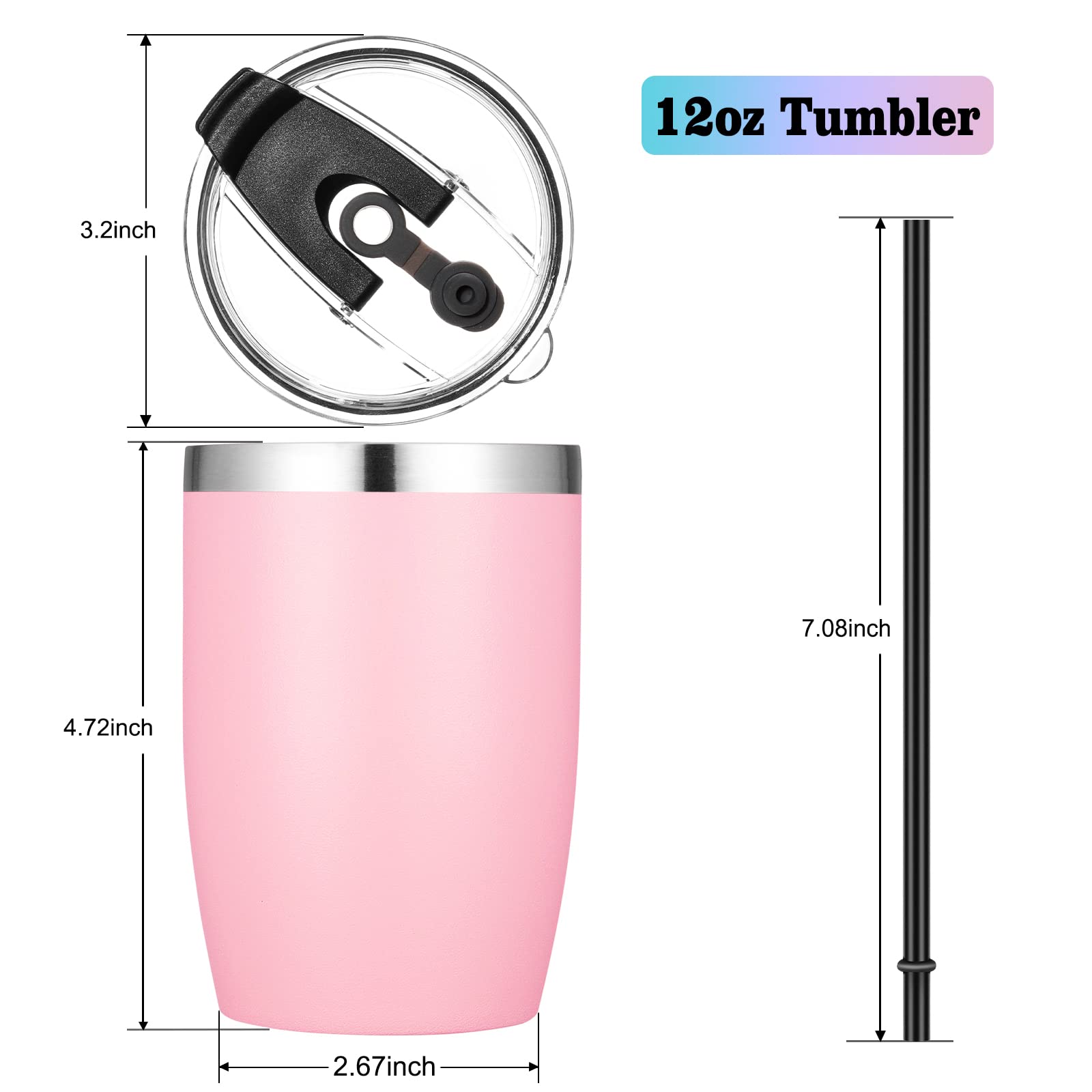 VEGOND Stainless Steel 12 oz Tumblers bulk Vacuum Insulated Double Wall Travel Tumbler with Lid and Straw Reusable Tumbler,Pink 12 pack