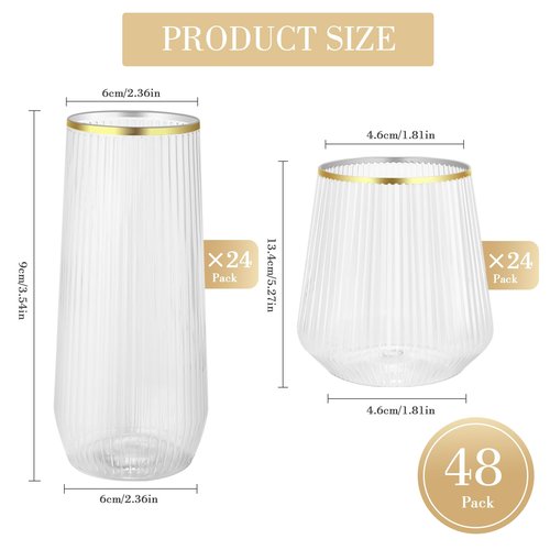 48 Pack Ribbed Plastic Wine Glasses – 24 x 9oz Stemless Champagne Flutes & 24 x 12oz Disposable Wine Glasses – Elegant Disposable Plastic Cups with Gold Rim – BPA-Free Drinkware for Weddings, Parties