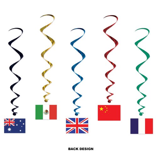 Beistle 5 Count International Flag Hanging Spirals (Pack of 2) - Green, Red, Blue, Yellow - Plastic and Cardstock