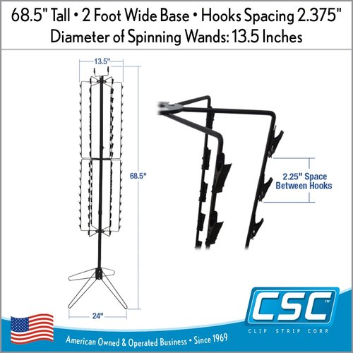 Clip Strip Free Standing Spinner Retail Display Rack Corp, 68.5" H,108 Total Clips, 4" Top Wire Sign Holder, 12 Rotating Rods each w/ 9 Heavy Duty Genuine Coil Spring Clips, 24" W Base, Black