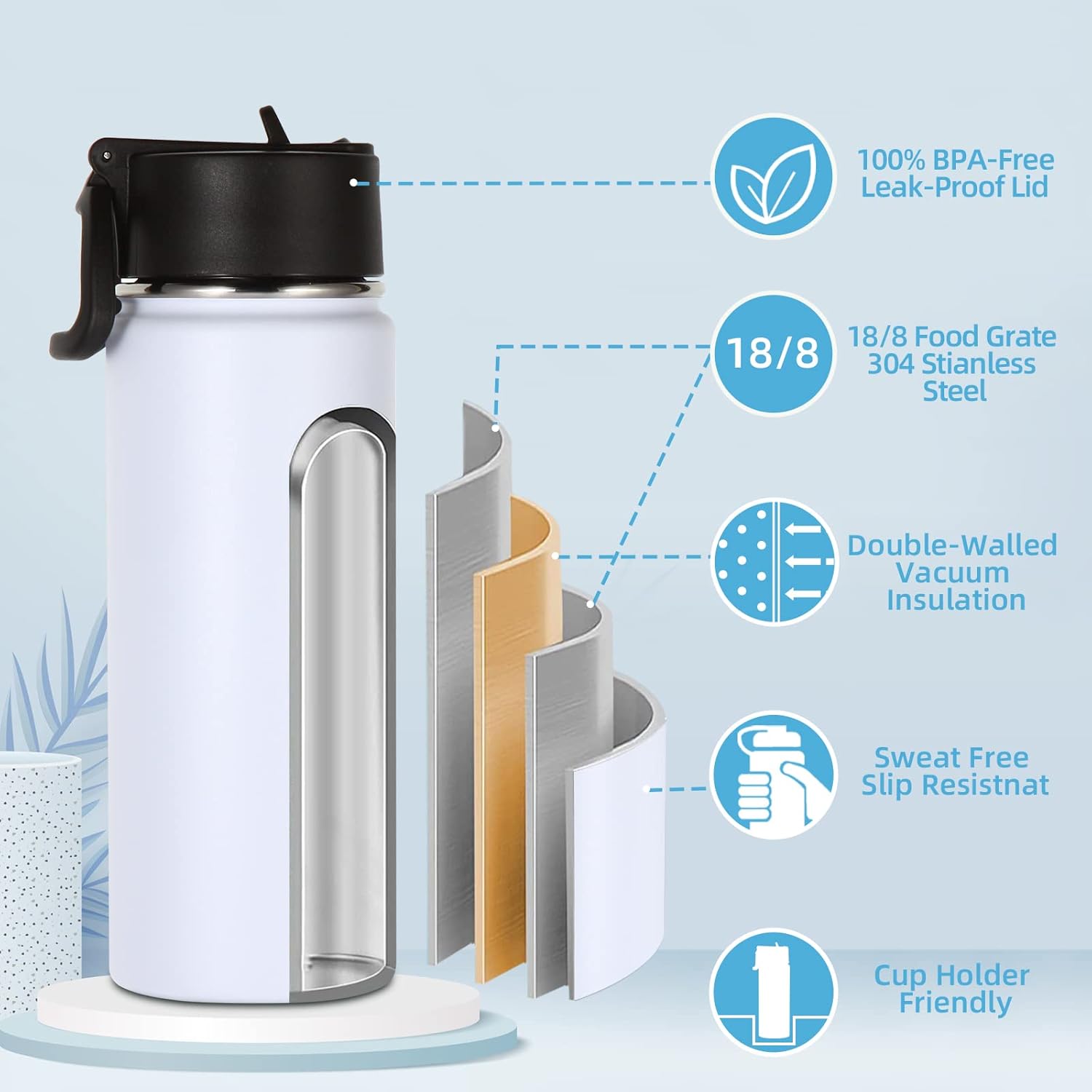 Volhoply Insulated Water Bottles - 18oz Stainless Steel Kids Flask with Straw | 2-Pack Set