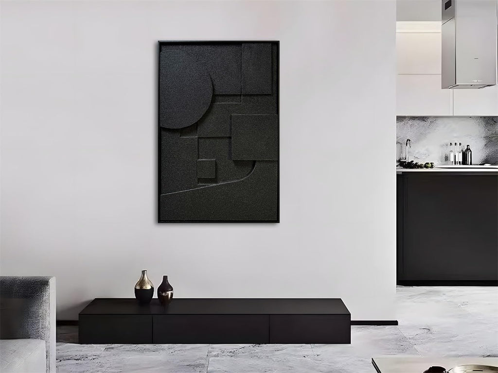 Slyart Black Textured Wall Art - Handmade 3D Abstract Relief Painting | Framed Vertical Art 24x36 Inch