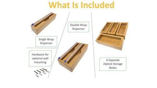 Incredinest Bamboo Drawer Organizer Bag Holder – Modular Design Zip Lock Bag Organizer Plastic Wrap Dispenser with Cutter – Baggie Organizer for Drawer with Single and Double Wrap Dispenser