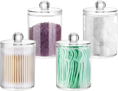 DAPOWER Qtip Holder Storage Canister - 10-Ounce Clear Plastic Apothecary Jar with Lid for Cotton Balls, Swabs & Pads