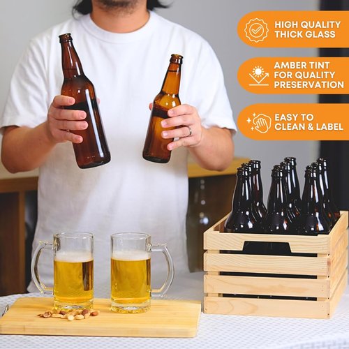 FastRack Amber Beer Bottles 12oz (Pack of 96) | Longneck Glass Beer Bottles with Pry-off Crown Finish for Home Brewing Mead, Cider & Kombucha | Durable Brewing Bottle & Bottling Kit