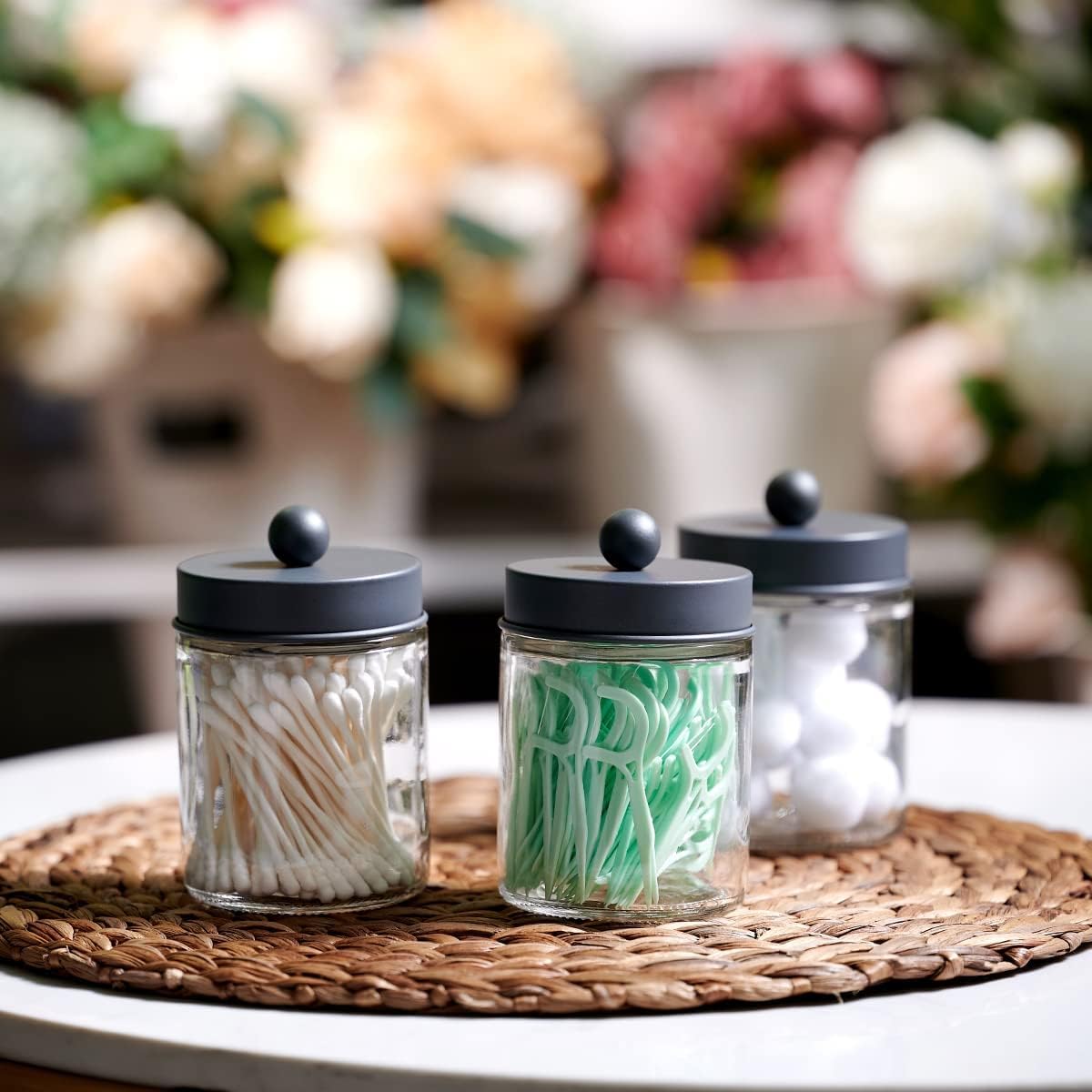 Amolliar Apothecary Jars - Stylish Bathroom Storage Organizer | Glass Canister with Lid for Q-Tips, Cotton Swabs & Makeup Accessories - Grey (2 Pack)