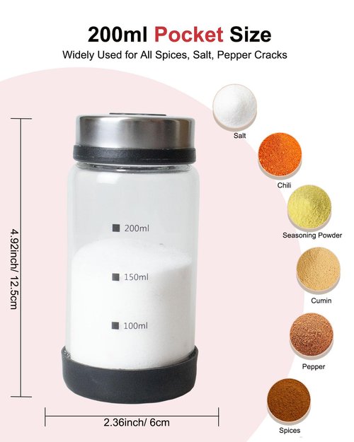 TooWoom 200ml Salt Shaker or Pepper Shaker with Adjustable Pour Holes, Glass Bottle Spice Dispenser with Stainless Steel Lid for Himalayan Salt, Table Fine Corse Sea Salt, Black Pepper