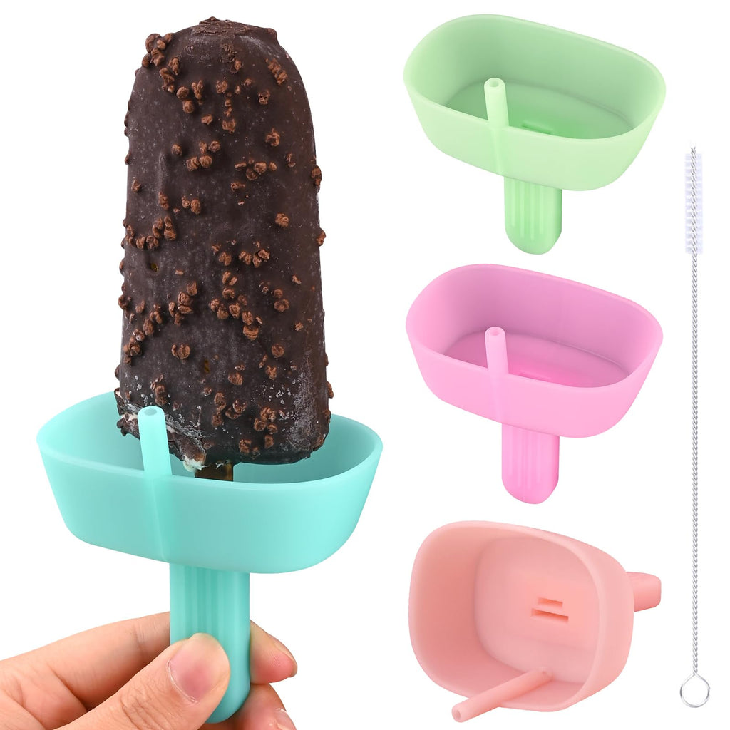 WMKGG Silicone Popsicle Holders for Kids, 4 Pack Reusable Drip-Free Ice Pop Stick Holder with Straw Brush, Fit Standard and Wide Sized Sticks Drip Free Popsicle