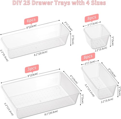 25 PCS Plastic Drawer Organizer Set - Clear Non-Slip Storage Bins for Makeup, Jewelry & Office | Versatile Trays