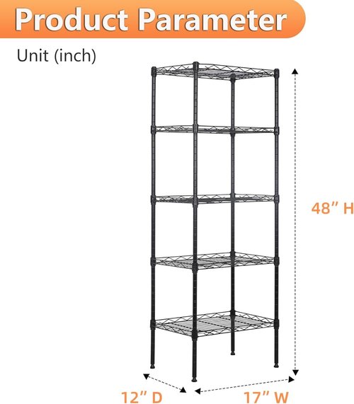 BestOffice 5-Tier Wire Storage Shelves - Heavy-Duty Metal Shelf | Adjustable Racks | 17x12x48 | Black | Holds Up to 750 lbs | No-Tool Assembly for Home & Garage