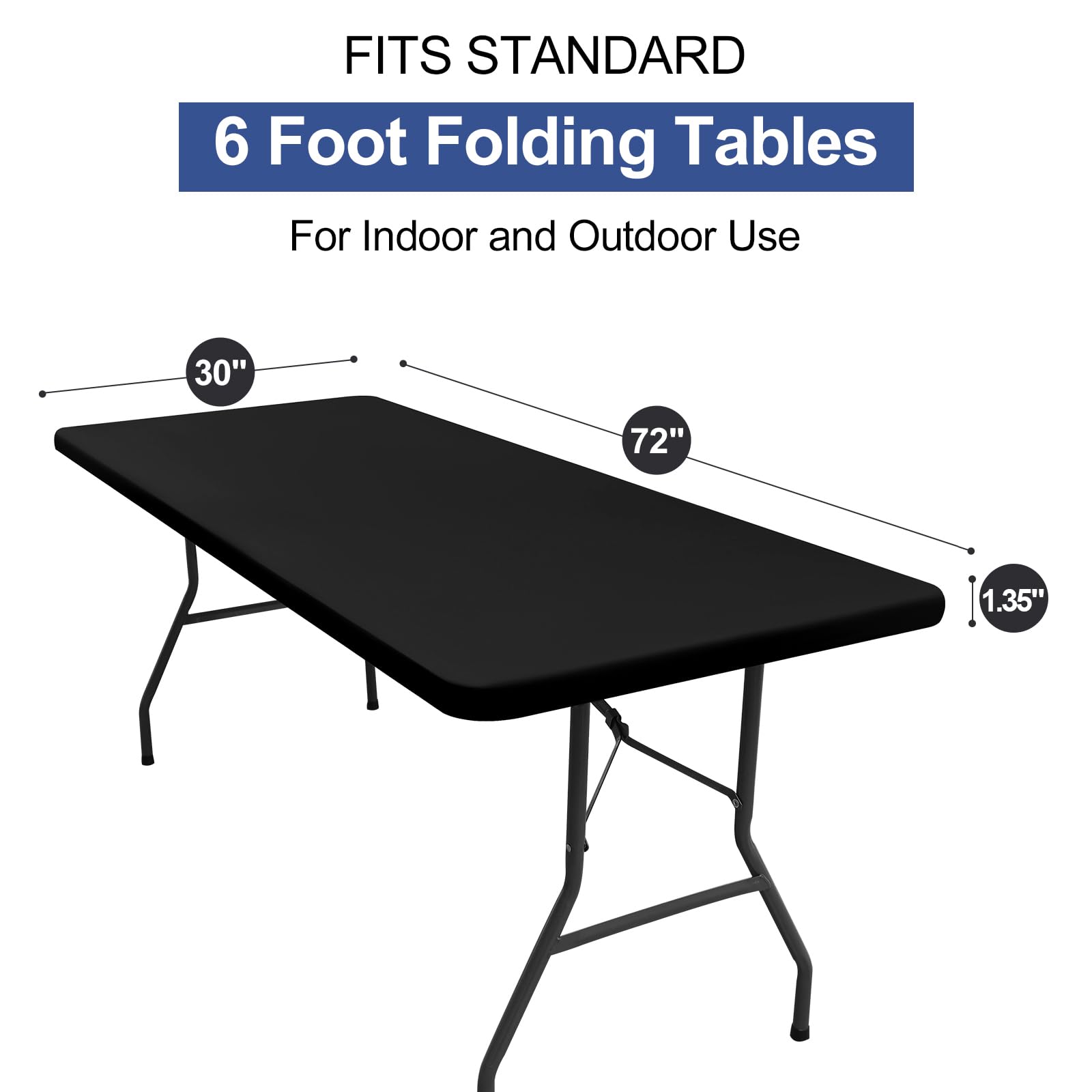 homing 6 Packs 6 Foot Rectangle Tablecloths, Washable Polyester Elastic Fitted Fabric Table Protector, Waterproof Table Cover for Picnic, Camping, Outdoor (Black, 30" x 72")