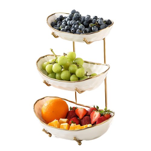 YYW 3 Tier Fruit Bowl for Kitchen Counter, White Ceramic Fruit Basket for Countertop, Home Fruit Stand with Metal Holder, Vegetable Bowl Snacks Nuts Bread Candy Storage (Gold 3-layer)