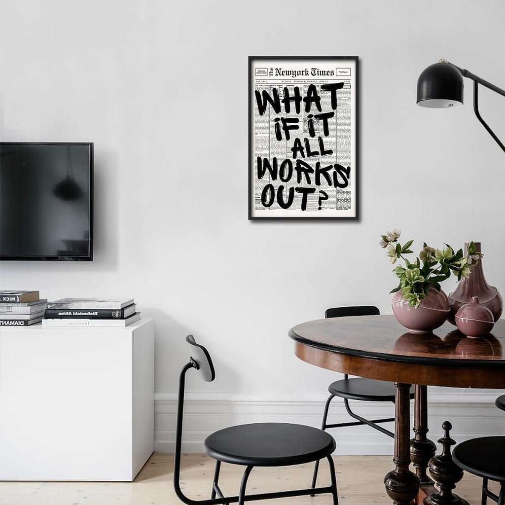 Skiennix Trendy Black and White Framed Wall Art | "What If It All Works Out" Poster for Preppy Dorm Decor