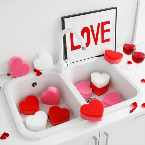 Tioncy 12 Pack Pink Heart Kitchen Sponges Bulk Dual Sided Valentine Scrubber Sponges Dishwashing Cleaning Accessories for Valentine Kitchen Supplies