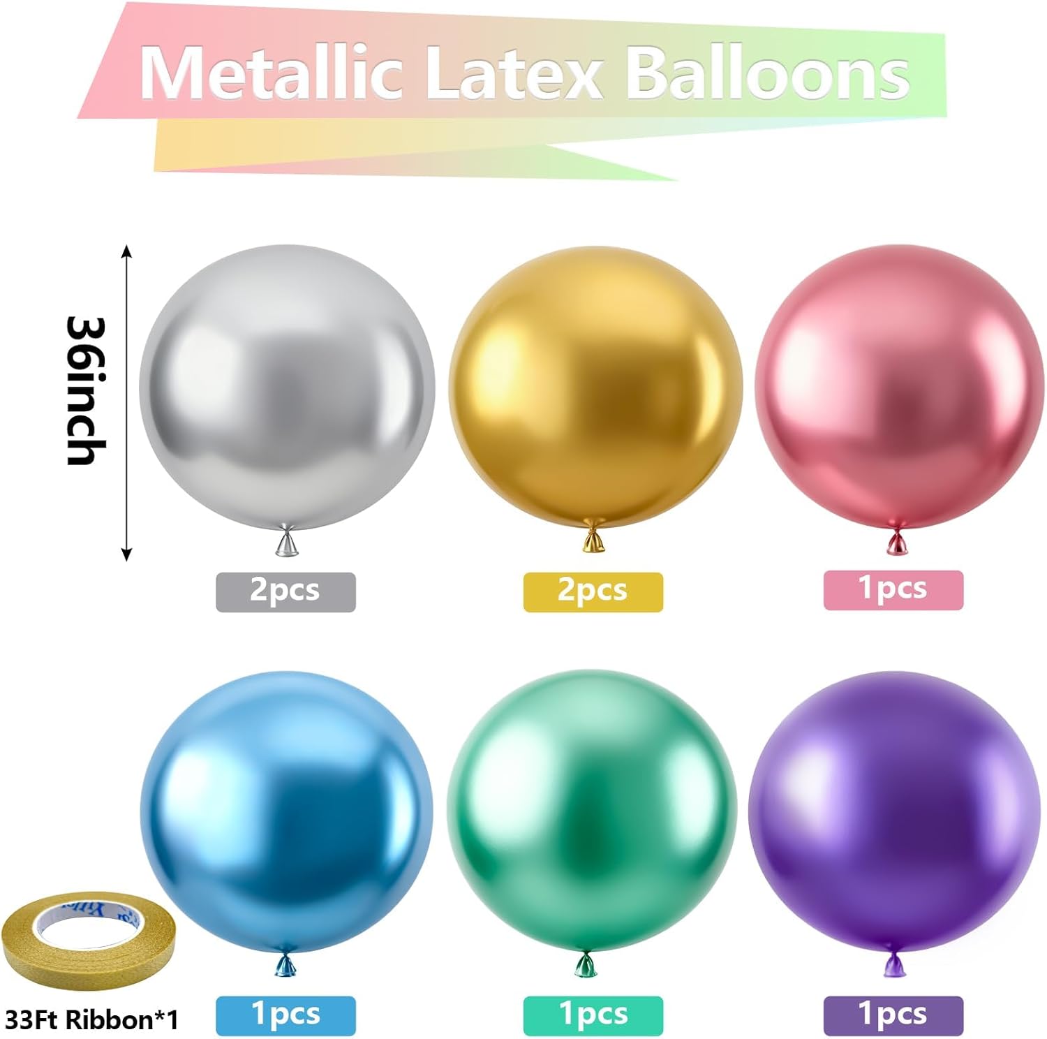 Bezente Metallic Chrome Giant Balloons - 36 Inch Jumbo Assorted Latex Pack for Colorful Party Decor