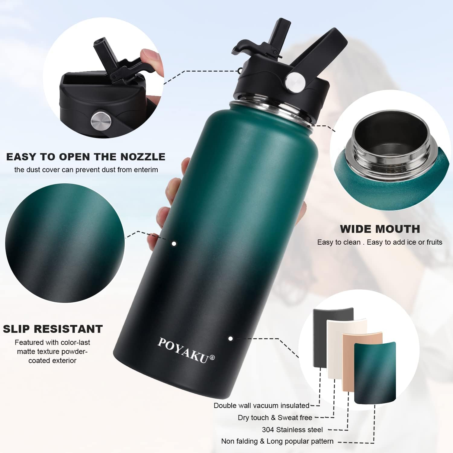 Skiennix Insulated Water Bottle - Leak Proof, Vacuum-Sealed Design | 32oz, 40oz, 64oz, 128oz Options
