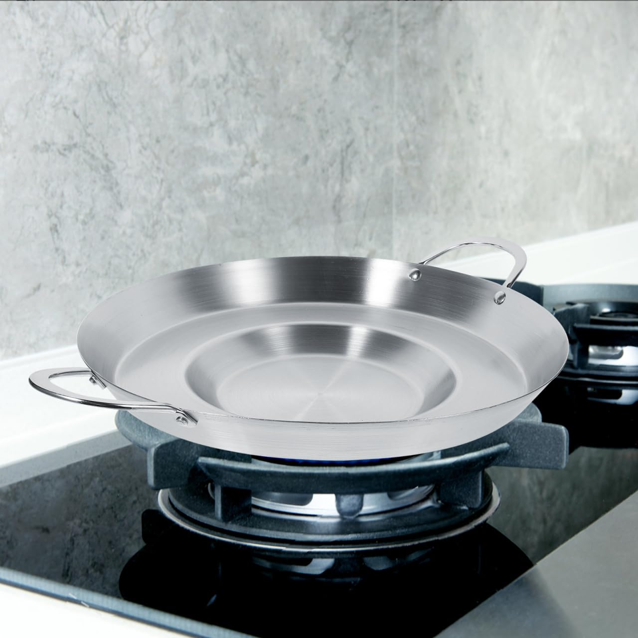 Hemoton 19.7 Inch Stainless Steel Concave Mexican Skillet Pan for Deep Frying and Stir Frying Compatible with Gas and Induction Cookers