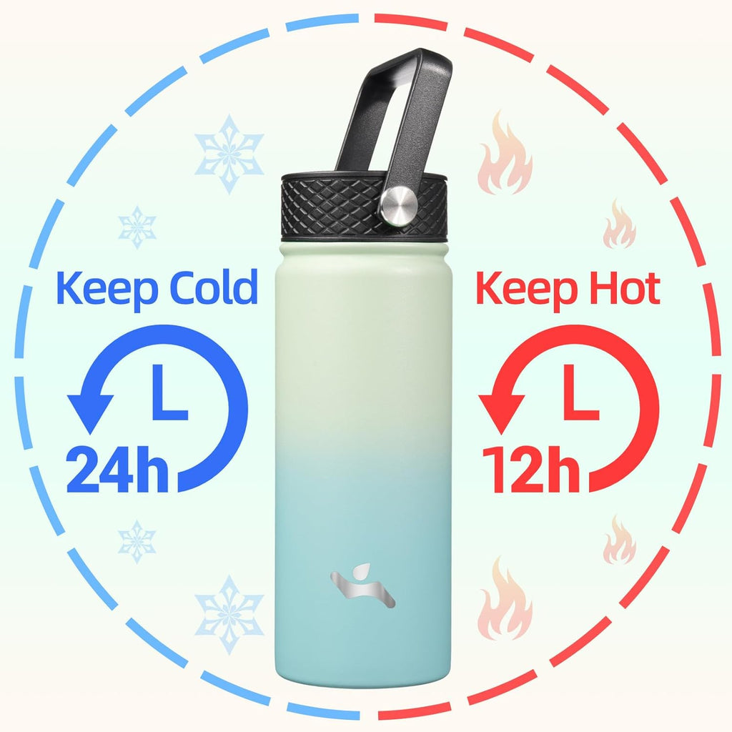 Skiennix 18 oz Insulated Stainless Steel Water Bottle - Versatile Sport Bottle with 3 Lids | Mint Color
