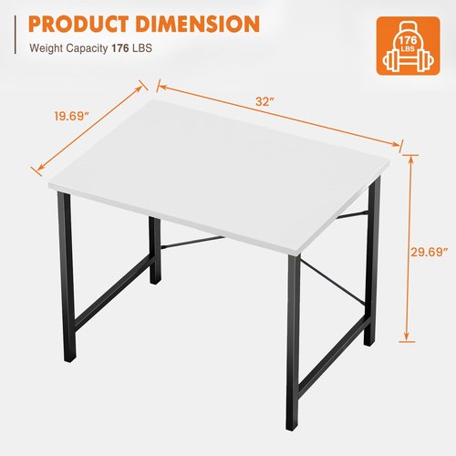 Sweetcrispy Small Computer Desk,32 Inch Office Writing Work Desk with Metal Frame Wooden Tabletop, Student Study Home Bedroom Table with X-Shaped Reinforcement, Black Leg White Top