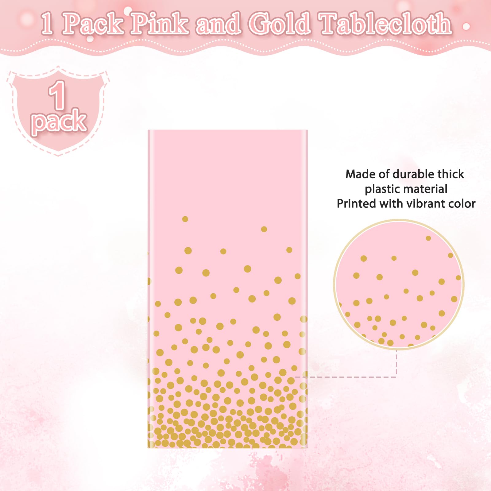 1 Pack Pink and Gold Plastic Tablecloth for Parties, Pink Disposable Table Cloth for Rectangle Tables, Gold Stamping Dot Confetti Light Pink Tablecloth for Birthday Wedding Baby Shower Party, 54x108"