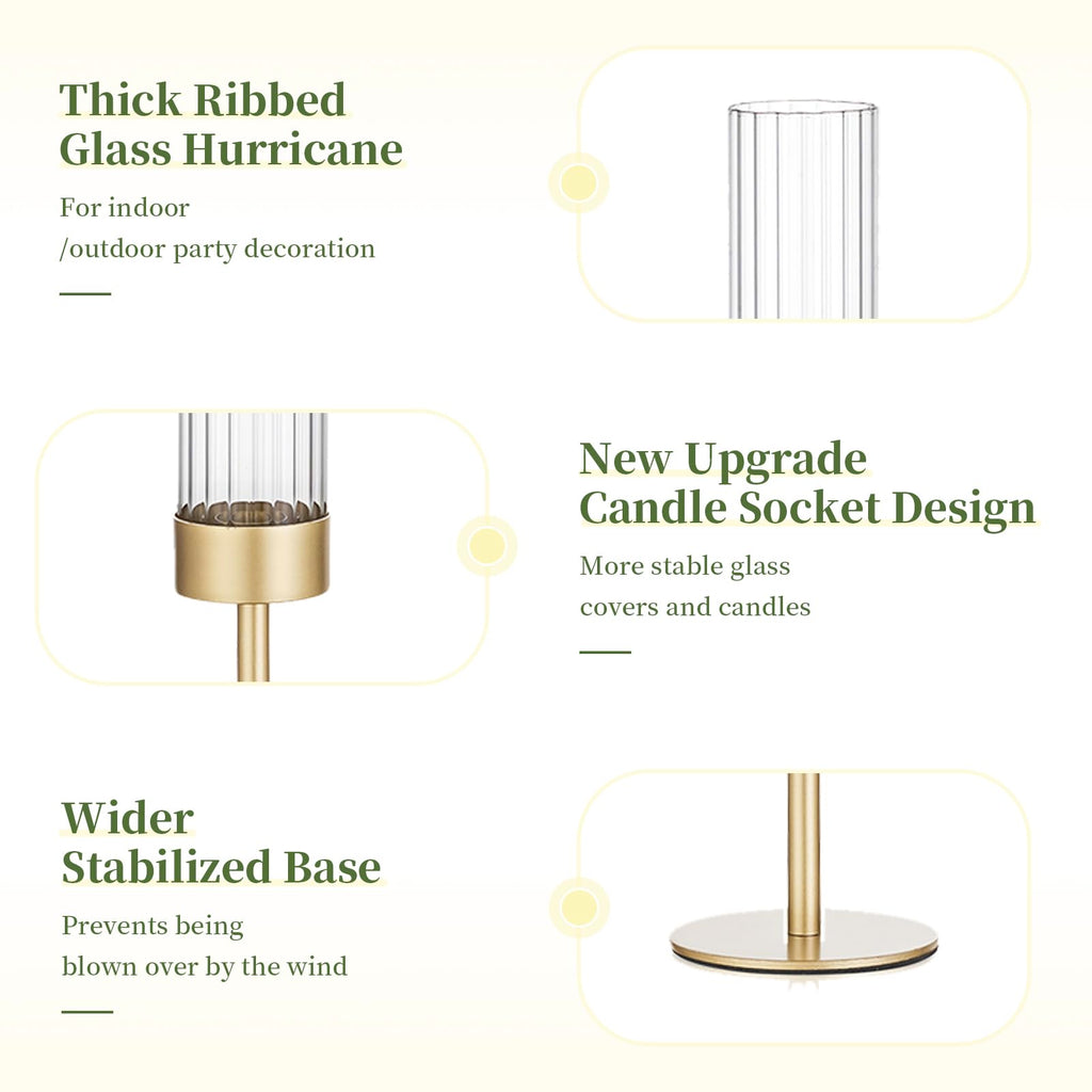 Glasseam Tapered Gold Candlestick Holders: 6 Pcs Tall Brass Taper Candle Holder with Ribbed Glass Cylinder - Hurricane Fluted Candle Holders for Table Centerpiece Wedding Party Christmas Decorations