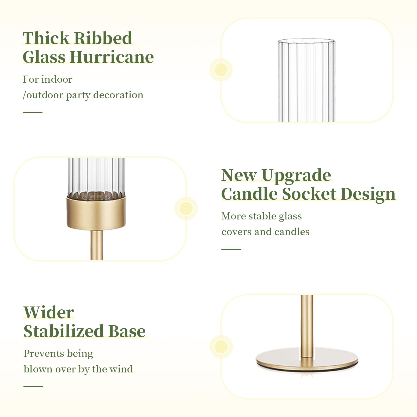 Glasseam Tapered Gold Candlestick Holders: 6 Pcs Tall Brass Taper Candle Holder with Ribbed Glass Cylinder - Hurricane Fluted Candle Holders for Table Centerpiece Wedding Party Christmas Decorations