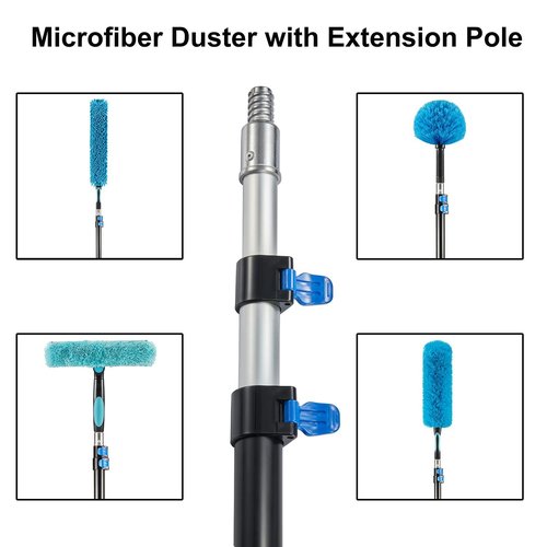 Hicavar 20 Foot High Ceiling Fan Duster with 5-12ft Extension Pole, Extendable Reusable Cobweb, Feather, Window Cleaning Squeegee Kit