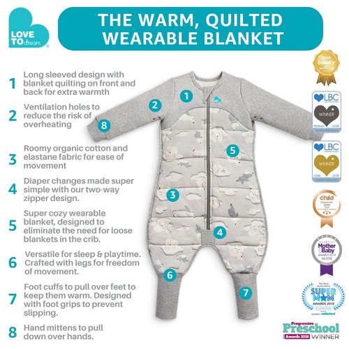 Love to Dream Extra Warm Baby Sleep Suit (6-12 Mo), Super Soft Temp Regulating Sleeping Sack, 3.5TOG Warm Wearable Blanket, Blue
