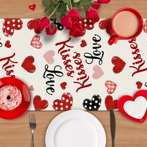 Valentine Red Buffalo Plaid Gnomes Heart Table Runner 13x72 Inch, Linen Love Kitchen Dining Table Decoration for Home Party Holiday Wedding Anniversary