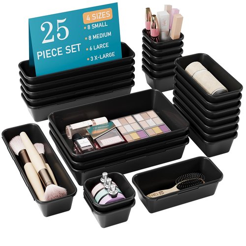 Kutesna 25 PCS Black Drawer Organizer Set, 4 Size Interlocking Plastic Storage Bins for Office Supplies, Jewelry Makeup Vanity, Bathroom Kitchen, Home Organization Closet, Gadgets Small Items