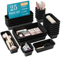 Kutesna 25 PCS Black Drawer Organizer Set, 4 Size Interlocking Plastic Storage Bins for Office Supplies, Jewelry Makeup Vanity, Bathroom Kitchen, Home Organization Closet, Gadgets Small Items