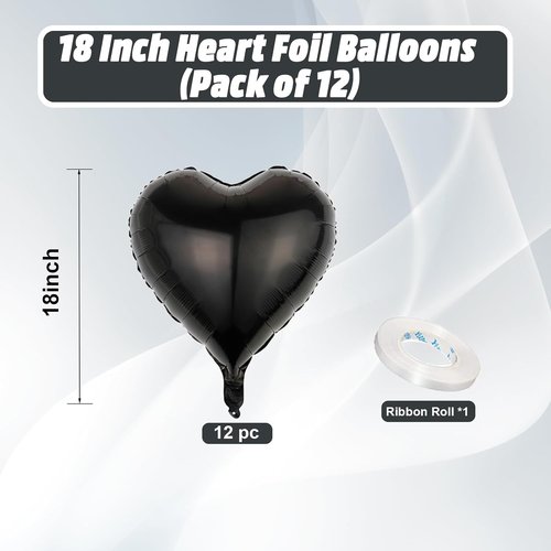 Black Heart Balloons - 18 Inch Romantic Foil Balloons | 12PCS for Weddings, Graduations & Anniversaries