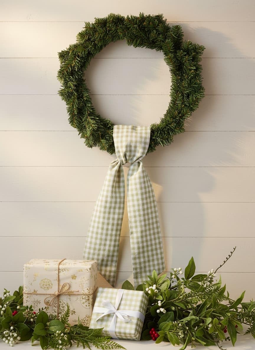 Skiennix Wreath Sash - Green & White Checkered Plaid Bow Ribbon Bundle | 2 Pack for Home Decor (5.12" x 54.33")