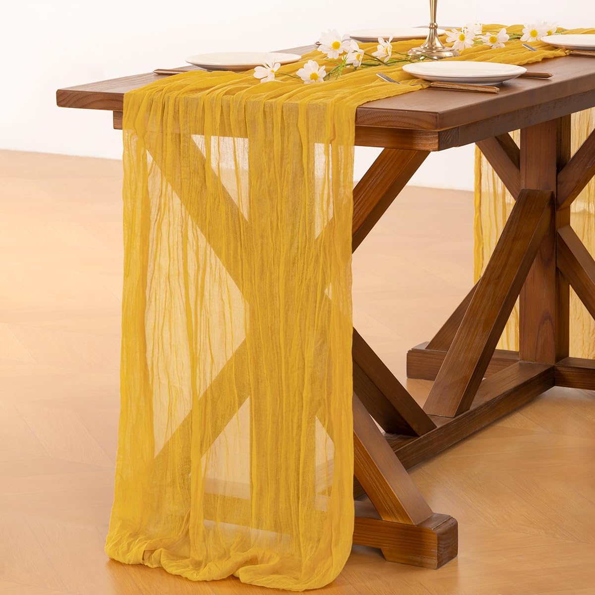 Socomi Gold Yellow Cheesecloth Table Runner - 120 Inch Rustic Boho Decor for Weddings & Events