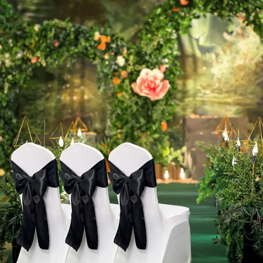Skiennix Satin Chair Sashes - 12PCS Elegant Ribbon Ties for Weddings & Events | Black