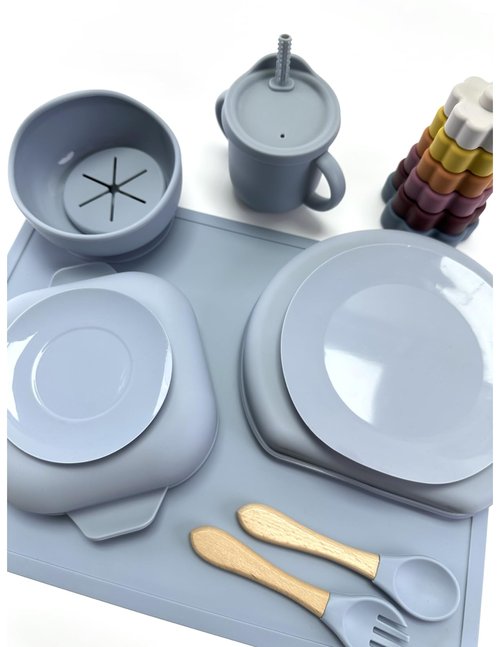 No-Mess Baby Feeding Set — Strong Suction Bowls + Soft Spoons (8-Piece) (Blue)