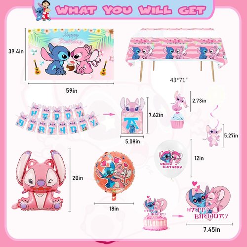 Pink Cartoon Theme Birthday Party Supplies Decorations, Including Birthday Banner, Tablecloth, Backdrop, Hanging Swirls, Balloons, Cake Toppers for kawaii Party