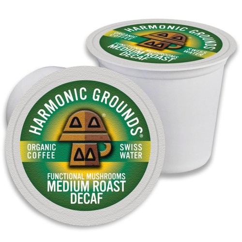 Harmonic Grounds Organic Decaf Mushroom Coffee Pods - Swiss Water Process, Medium Roast with Lion's Mane, Reishi, Chaga, Cordyceps & Turkey Tail - Compatible with Keurig K-Cup Brewers - 34 Count