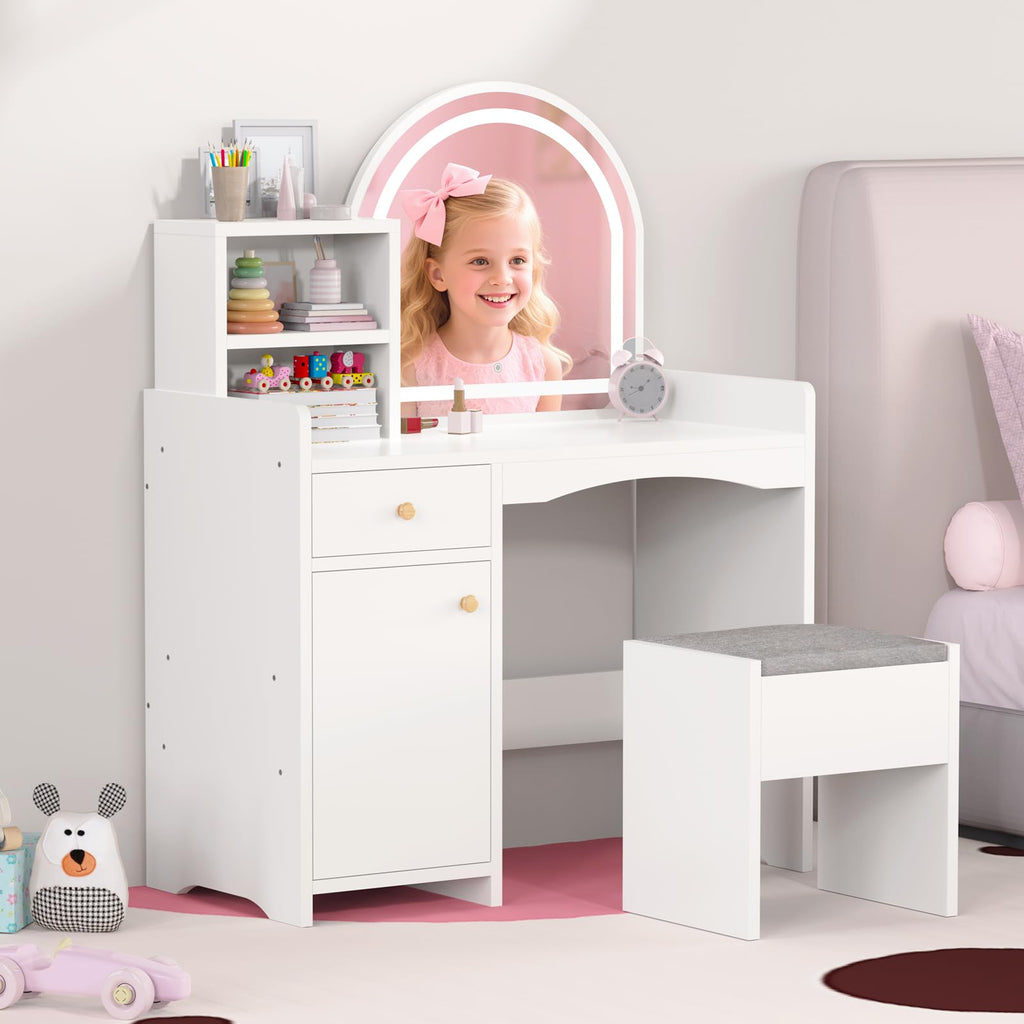 Zupemo Kids Vanity Table and Chair Set with Lighted Mirror, Toddler Vanity for Girls with Stool, Storage Shelves and Drawer, Little Girls Vanity Set with Mirror and Lights, White