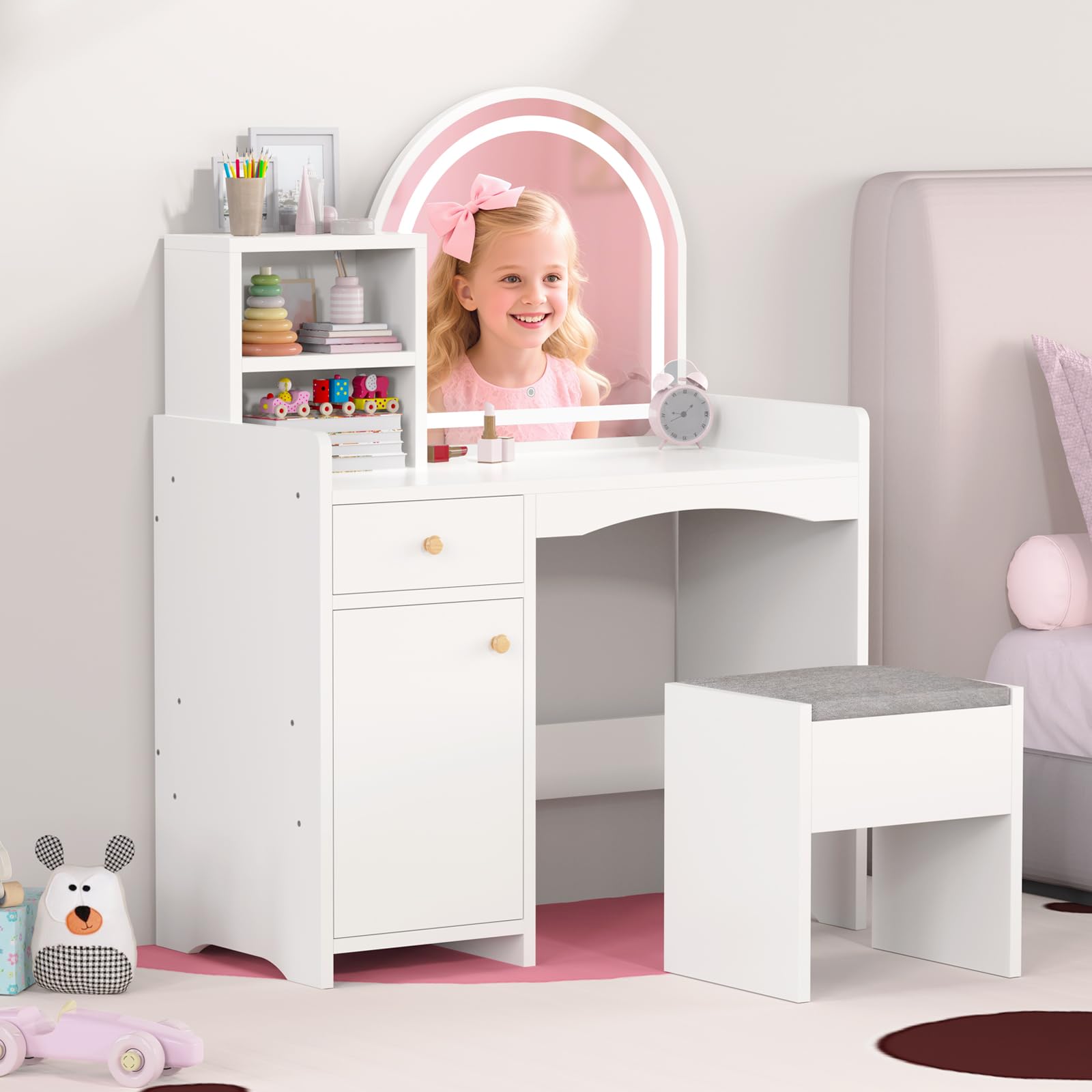 Zupemo Kids Vanity Table and Chair Set with Lighted Mirror, Toddler Vanity for Girls with Stool, Storage Shelves and Drawer, Little Girls Vanity Set with Mirror and Lights, White