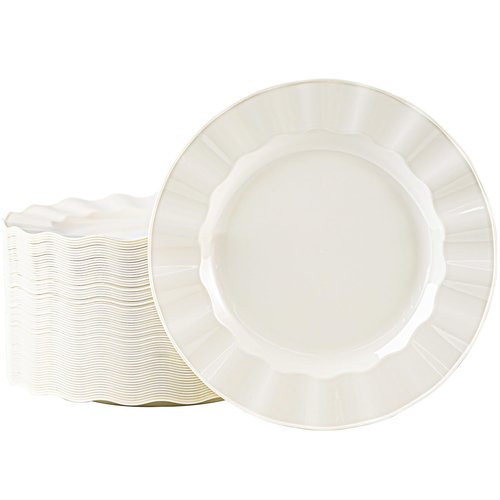 NZVCN 72 Pack Ivory Plastic Plates, 7" Disposable Wave Edge Salad/Dessert Plates Elegant Heavy Duty Plate for Party, Wedding, Thanksgiving, Christmas