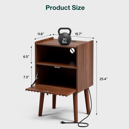 LCRBOL Side Table with Charging Station, Modern End Table with Fluted Drawer, Bedside Table, Night Stand with 2 Tiers Storage Space, for Bedroom, Living Room, Walnut