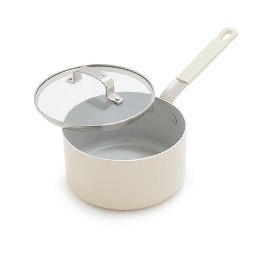 GreenPan x Bobby Flay 2.5QT Nonstick Saucepan with Glass Lid, PFAS-Free Diamond Ceramic, Induction Suitable, Stay-Cool Silicone Handle, Easy Clean Dishwasher & Oven Safe, Chef Pan, Cream