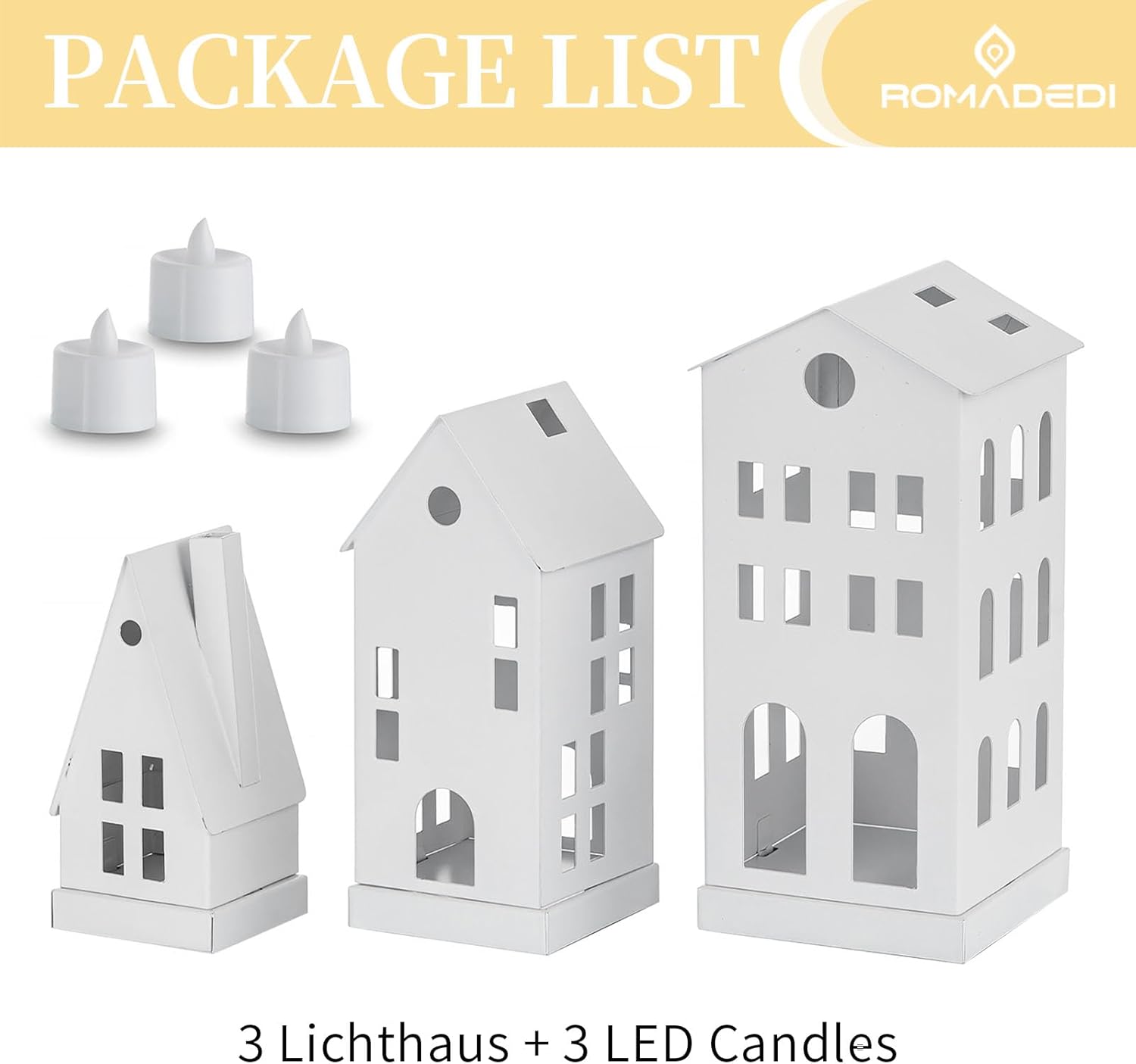 Romadedi Christmas Village Houses - White LED Candle Holders | Set of 3 Light-Up Decorations for Home Decor