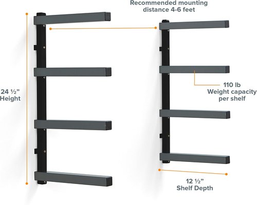 Bora 4-Level Lumber Storage Rack - Space-Saving Metal Shelf for Wood, Pipes & Building Materials | PBR-004B Black Gray