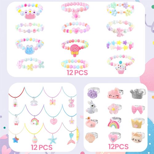 Vellibring 12 Pack Prefilled Easter Eggs with 36 pcs Cute Bracelets Necklaces Rings Easter Basket Stuffers Egg Fillers for Girls Party Favors Kids Toddler Presents