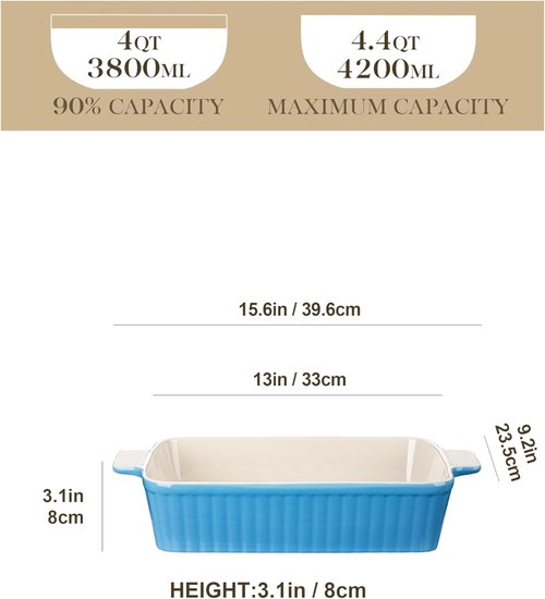 MALACASA 4.4 QT Baking Dish - Durable Ceramic Casserole Pan with Handles | 9x13 Blue Lasagna Dish