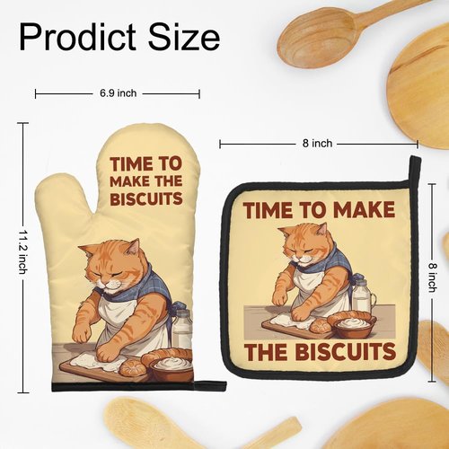 DYJYBMY Time to Make The Biscuits Funny Cat Oven Mitts and Pot Holder Set, Cute Kitchen Gadgets for Women Cat Lover, Housewarming Gifts for Hostess Cat Mom, Bake Lover Gifts for Mom Wife Sister BFF