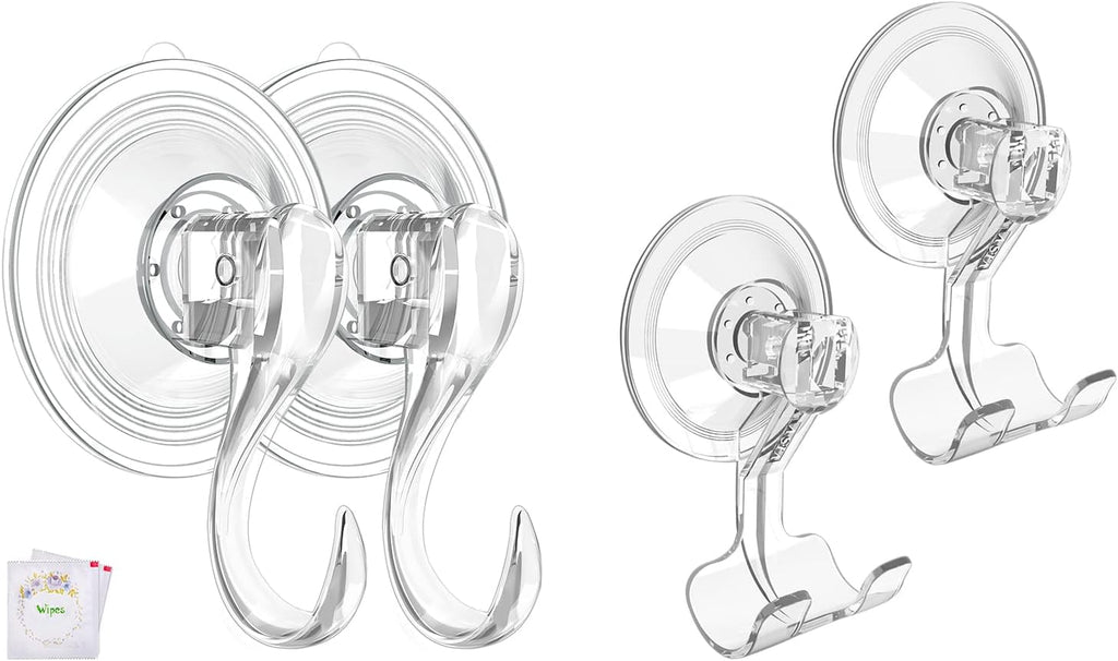 VIS'V Suction Cup Hooks - 2 Large Hooks & 2 Razor Hooks for Strong Grip | Ideal for Bathroom Use
